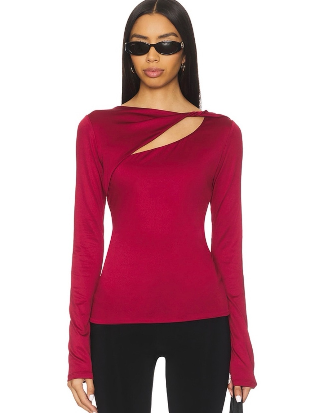 Women's Long Sleeve Twist Cutout Top in Berry